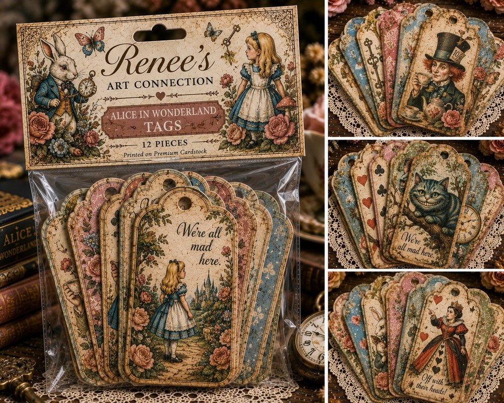 Handmade Alice Wonderland Tag Pack Premium Ephemera Tags Junk Journal Scrapbook