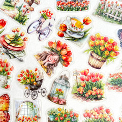 Happy Spring Tulip Stickers Easter Junk Journal Collage Scrapbooking