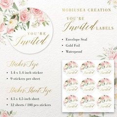 Pink Floral You’re Invited Stickers 108pcs