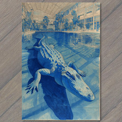 STICKER Blue Alligator Swimming Indoor Pool Botanical Greenhouse Retro Cool
