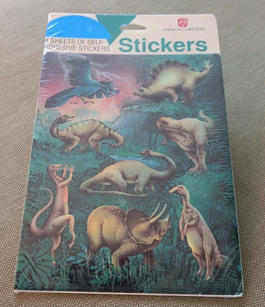Vintage AMERICAN GREETINGS Dinosaur Stickers 4 Sheets Unopened NOS NIP