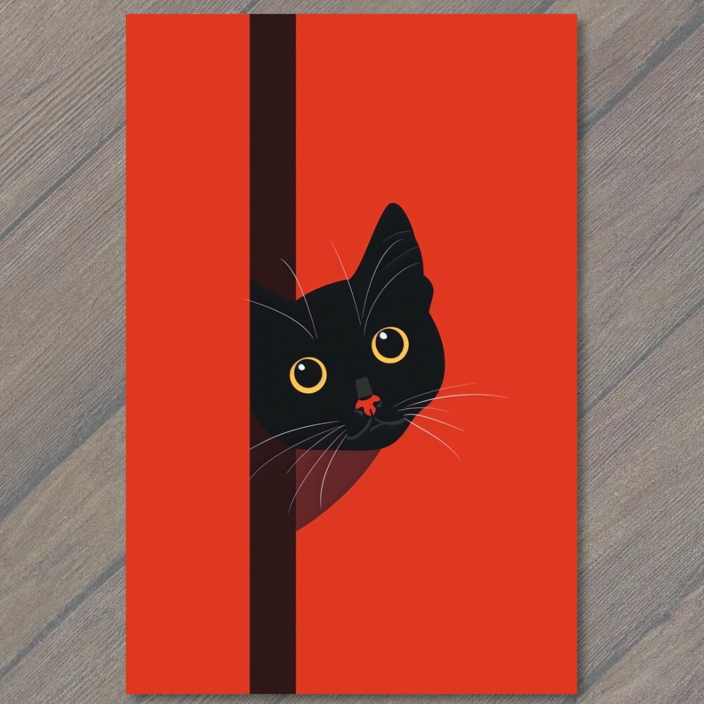 STICKER Black Cat Yellow Eyes Pet Red Background Painting Cute Fun Feline