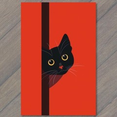 STICKER Black Cat Yellow Eyes Pet Red Background Painting Cute Fun Feline
