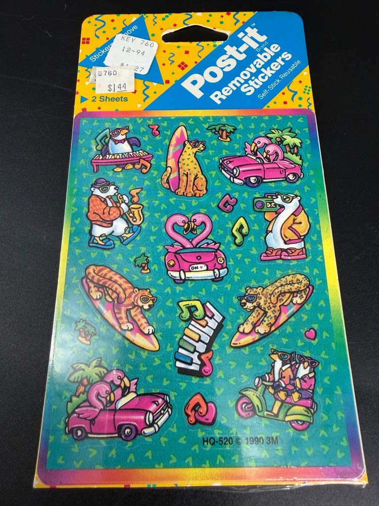 Vintage 1990 3M Post-It Removable Stickers Neon Surf Animals HQ-520 90s Retro