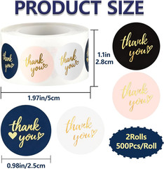 1000 PCS Thank You Stickers Roll – 2 Rolls 1 Inch round Gold Stamp Self-Adhesive