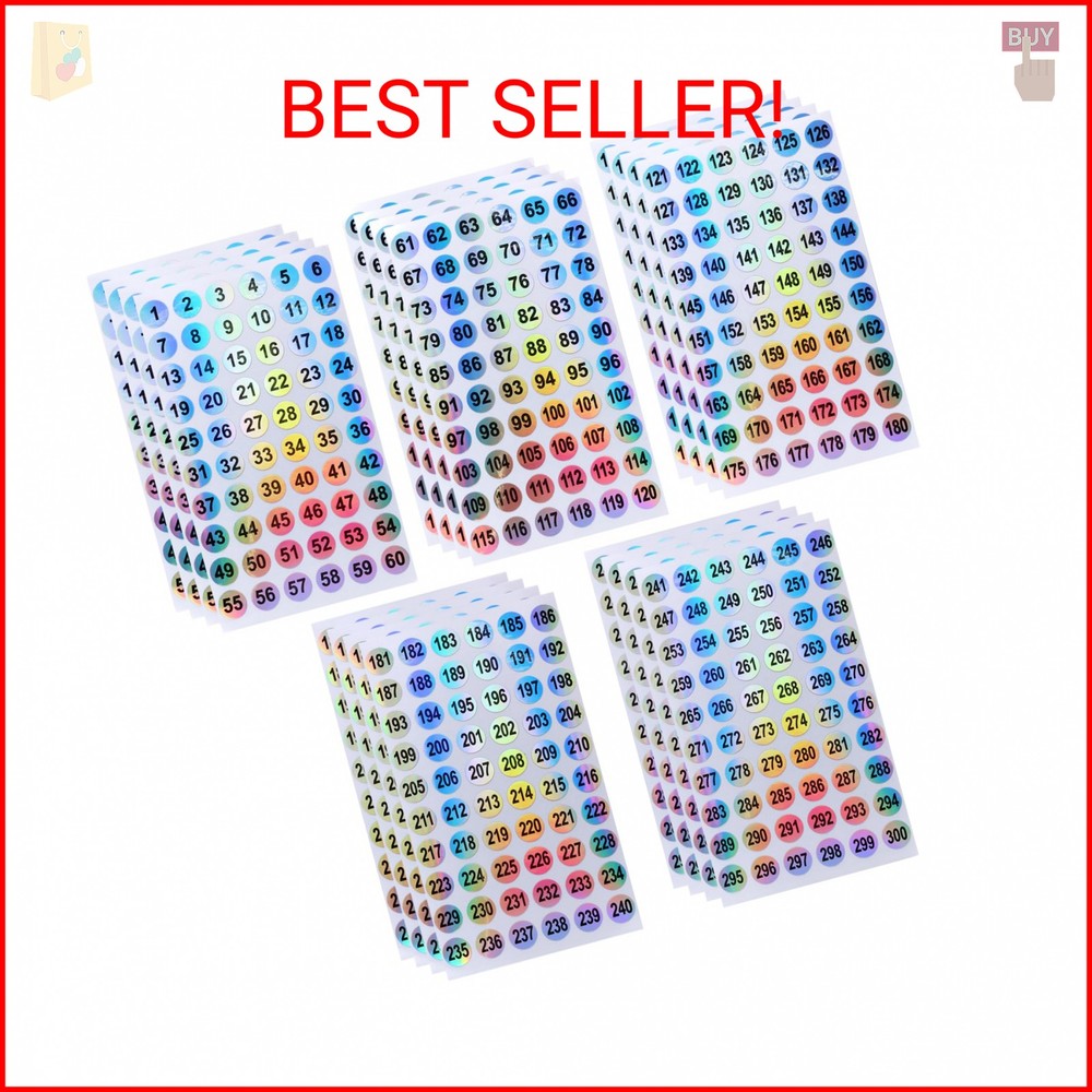 Mini Skater 20 Sheets 1 to 300 Consecutive Laser Number Stickers Round Self Adhe