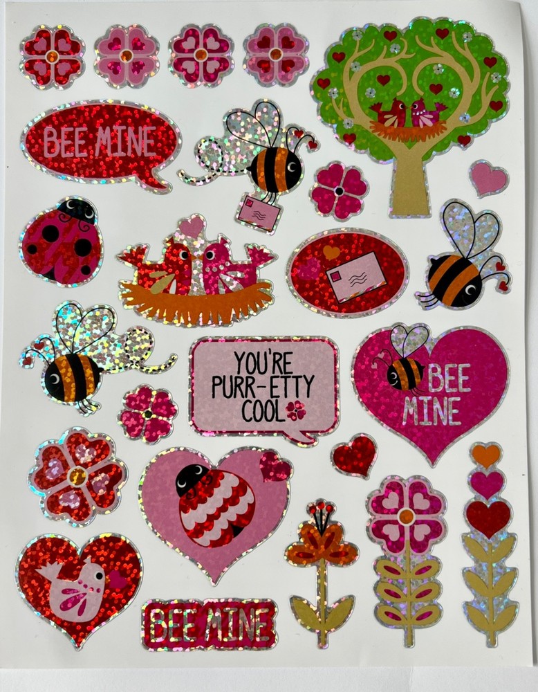 ❤️Lg SHINY Foil HEART STICKERS Love BIRDS & BEES ladybug flower VALENTINES DAY