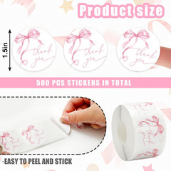 500Pcs Pink Bow Thank You Stickers Coquette Watercolor Bowknot Paper Label Decal