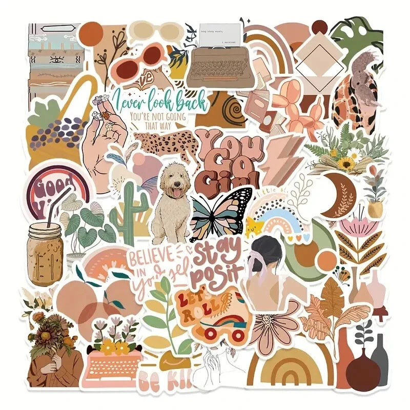 50pc Cute Aesthetic Boho Sticker Pack Lot Laptop, Phone, Scrapbook, Journaling
