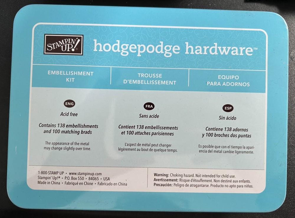 Stampin Up Hodgepodge Hardware Embellishment Kit Metal Brads Buckles Tin