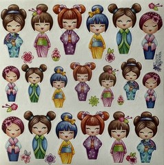 TINY ASIAN GIRLS Stickers(19pc) Kimono•Chinese•Children•Geisha•Cute•Card Making