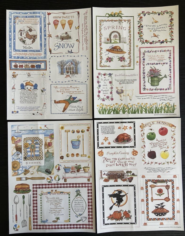 4 Susan Branch COLORBOK Sticker Sheets WINTER SPRING SUMMER FALL 8 1/2″ x 11″