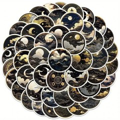 50pc Black Golden Celestial Sticker Pack, Vintage Night Sky Laptop & Scrapbook