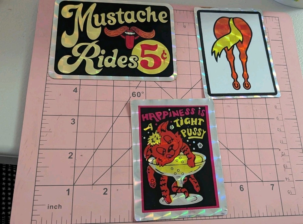 Vintage Stickers Vending Machine Novelty Dirty Adult Pussy Mustache Lot Of 3