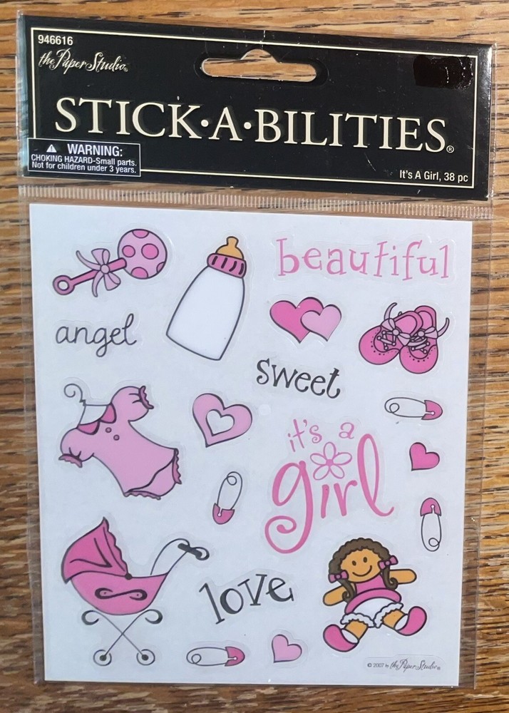 Paper Studio ~ Stick-A-bilities BABY Its A Girl Sweet Angel Doll Stroller Bottle