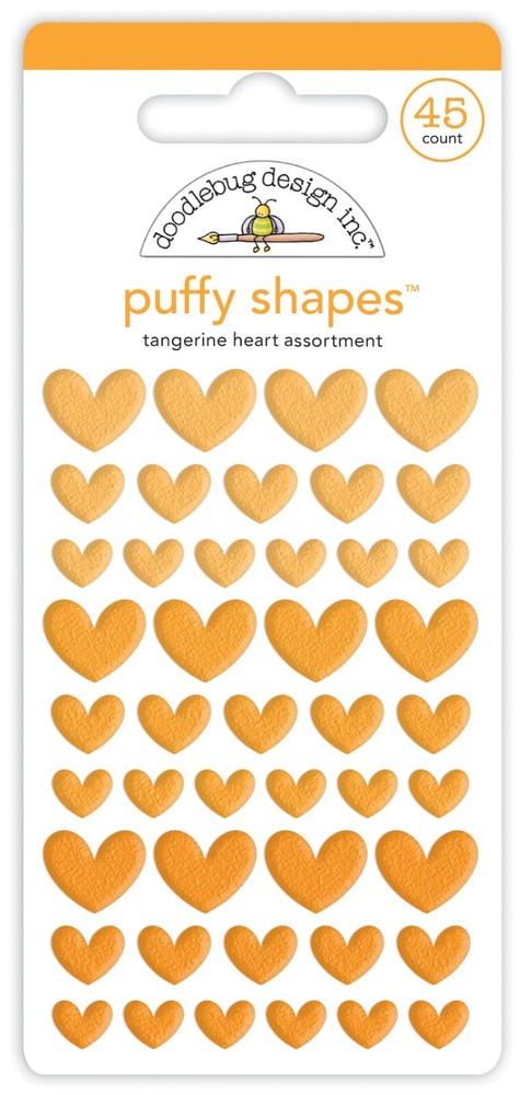 Doodlebug Self-Adhesive Stickers Puffy Heart Shapes 3 Sizes Orange Tangerine