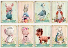 Set of 8 Vintage Shabby Chic Baby Farm Animals STICKERS – Just Cut & Use!