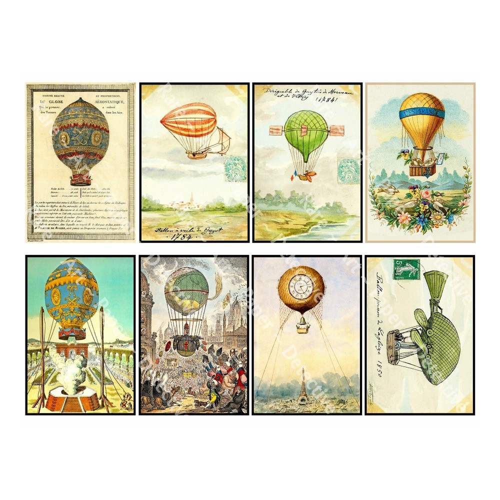 Antique Hot Air Balloon Illustrations, 8 Decals on 1 Sticker Sheet, Journal Tags