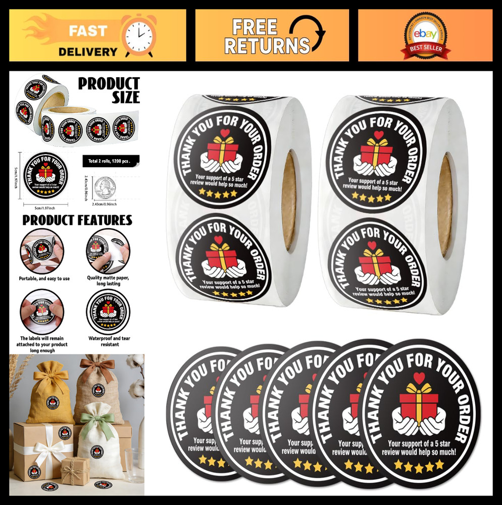 1200Pcs Thank You Stickers 2″ Black Round Waterproof Self-Adhesive Labels for Pa