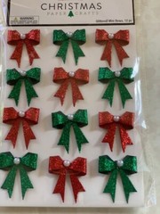 CHRISTMAS PAPER CRAFTS CHRISTMAS FLITTER BOWS GREEN & RED W/ PEARL CENTER BOWS