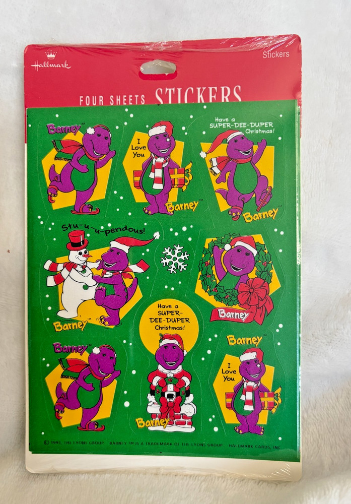 New Vintage Sealed 1993 Hallmark Barney The Dinosaur Holiday Christmas Stickers