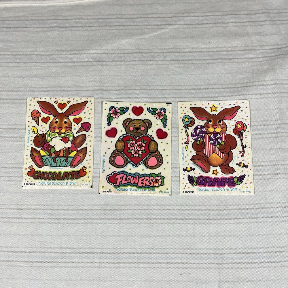 3 Vintage Illuminations 1980’s Scratch Sniff Stickers Chocolate Grape Flower