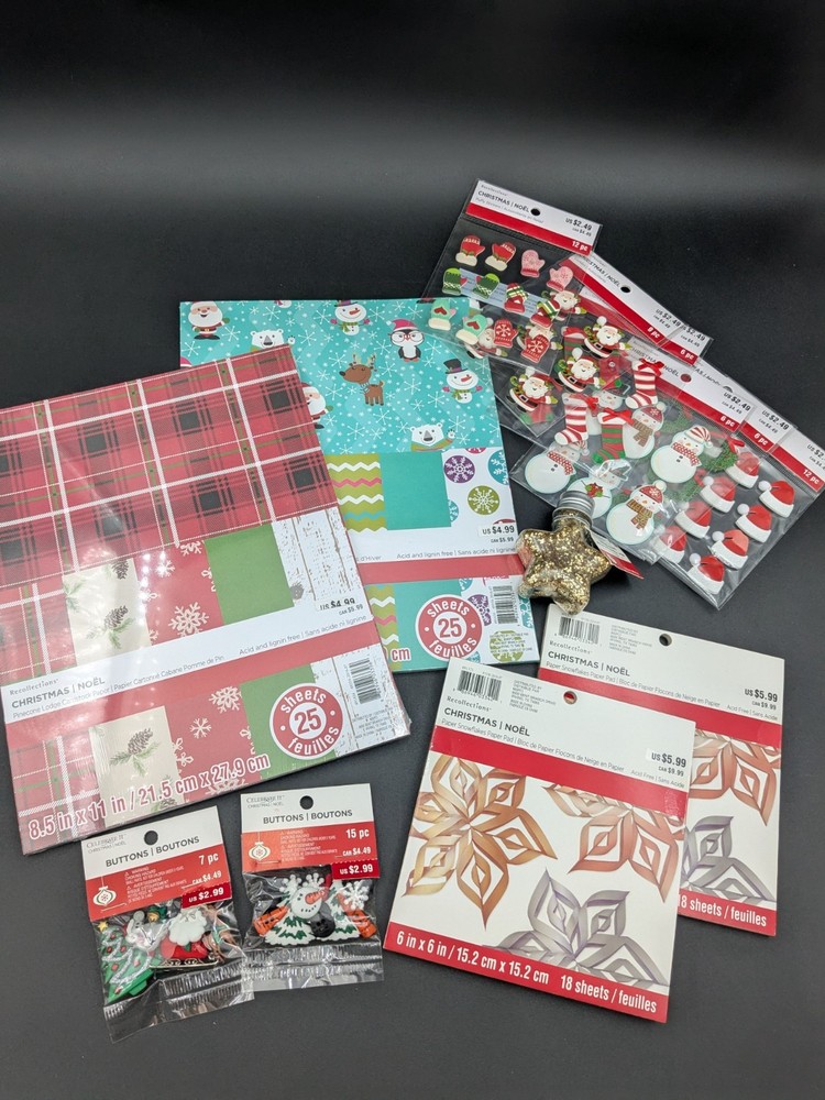 Christmas Craft Supplies Lot Cardstock Paper Snowflakes Glitter Stickers Buttons
