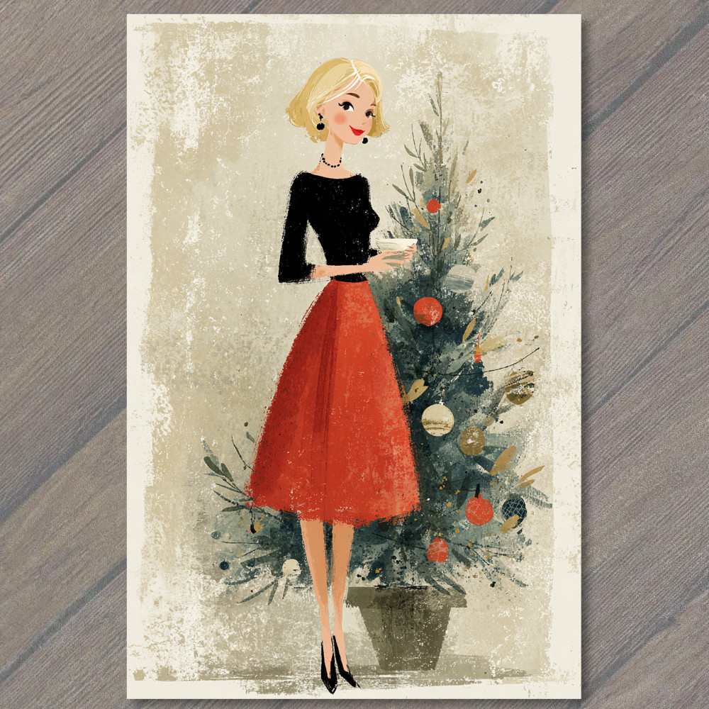 STICKER Retro Lady Red Skirt Black Top Christmas Tree Holiday Elegance Style