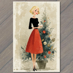 STICKER Retro Lady Red Skirt Black Top Christmas Tree Holiday Elegance Style