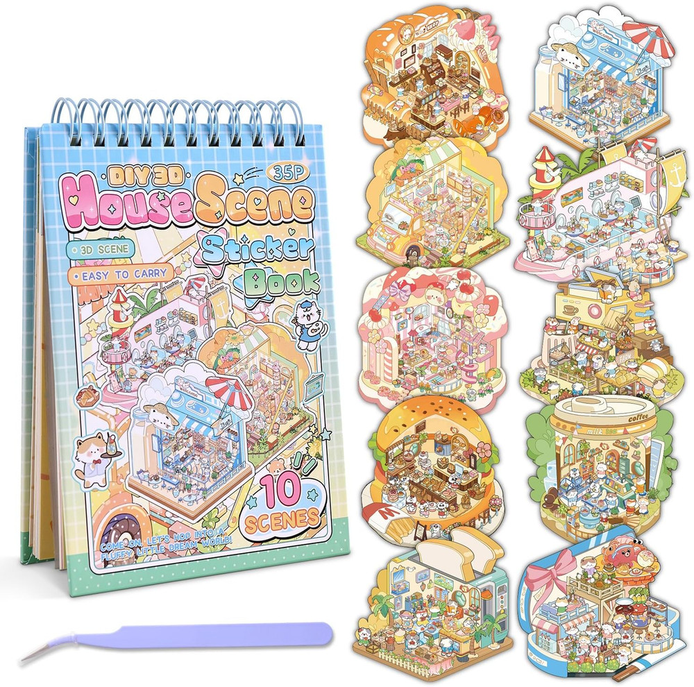 10 Sets DIY 3D House Stickers, Scene Miniature Sticker , Cute Cartoon Scenes for