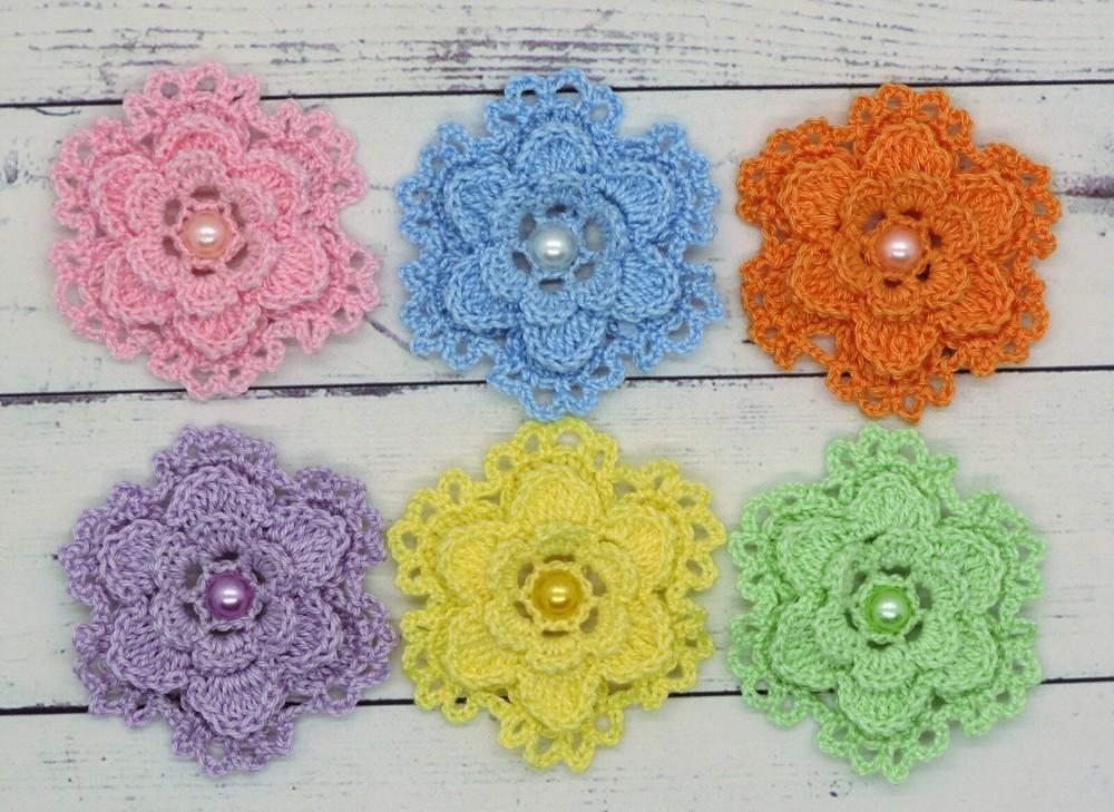 Crochet Flower Layered Lacy Pastel Mix Applique Embellishment Pink Blue 6 Pcs