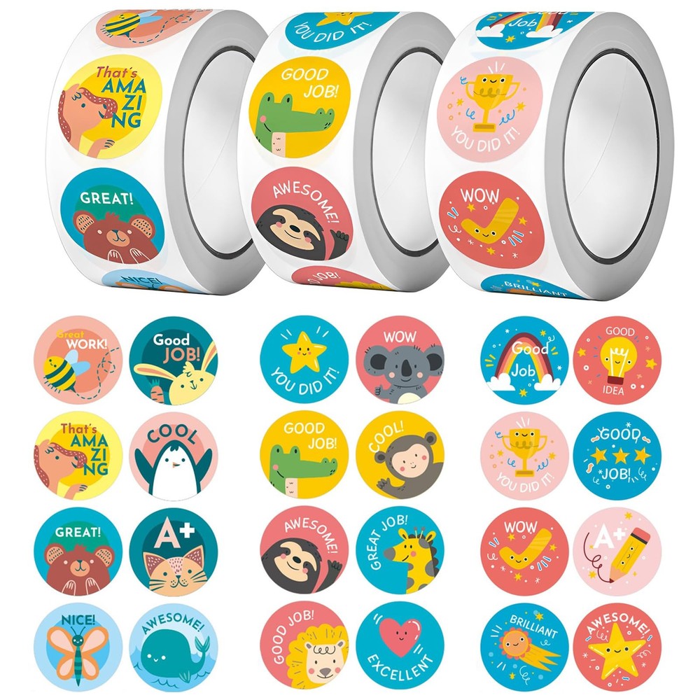 3 Rolls Multicolor Stickers, 1,500PCS Teacher Reward, s, Multicolor