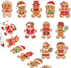 1000Pcs Christmas Stickers Roll Gingerbread Man Decals 10 Designs Funny Cartoon