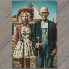 STICKER American Gothic Style Farmer Couple Retro Country Fashion Rustic Farmh