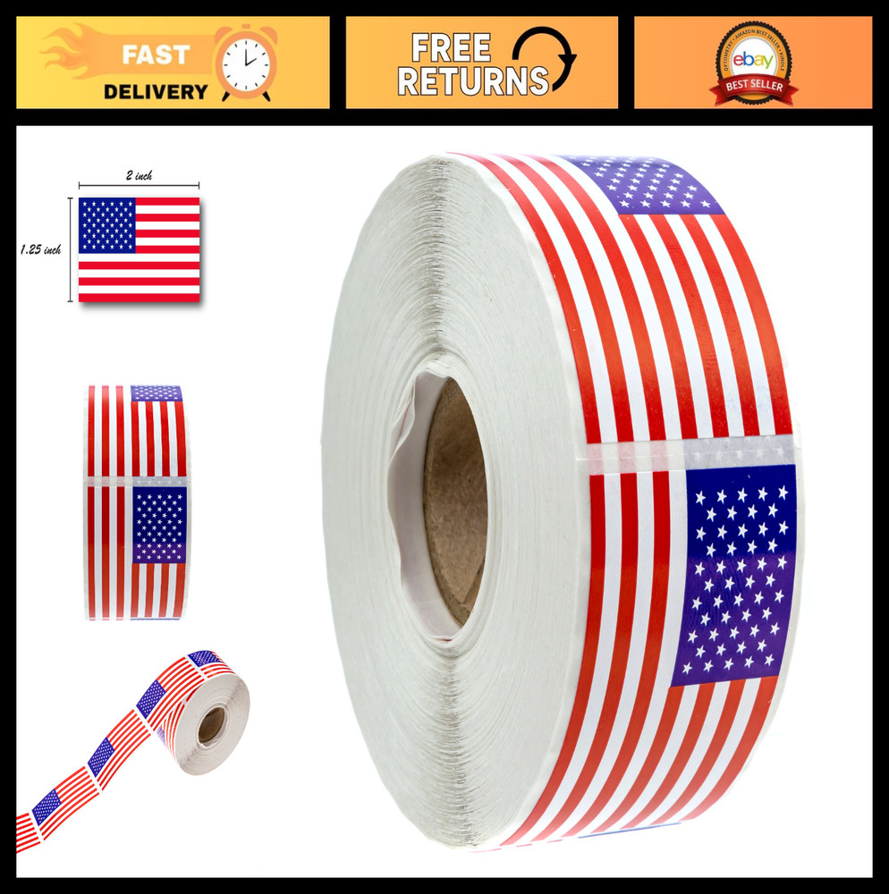 Patriotic American Flag Stickers – 500 Perforated USA Labels, 1.25″ x 2.125