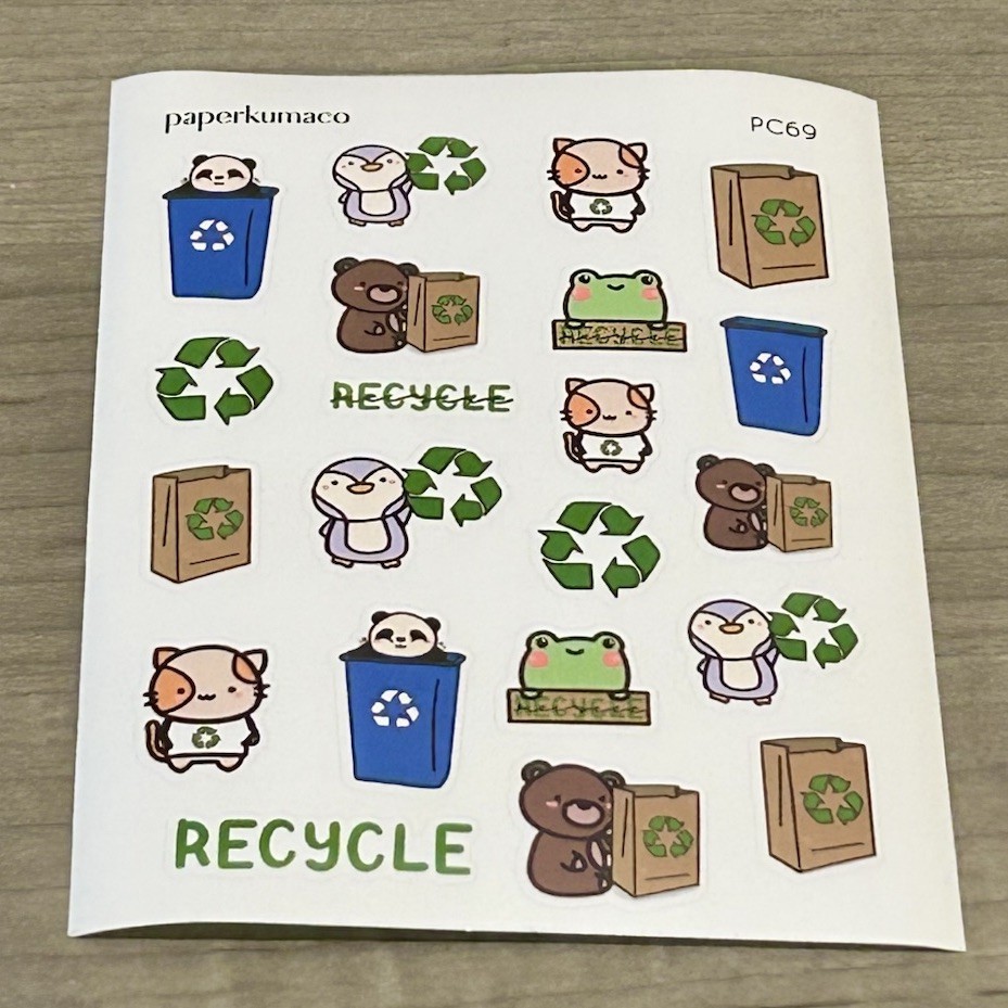 NEW PaperKumaCo “Recycle” Sticker Sheet Paper Kuma Co PKC Stickers