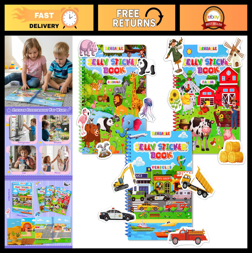 Waterproof Reusable Jelly Sticker Books for Toddlers 2-6 – 3 Set Activity Toys