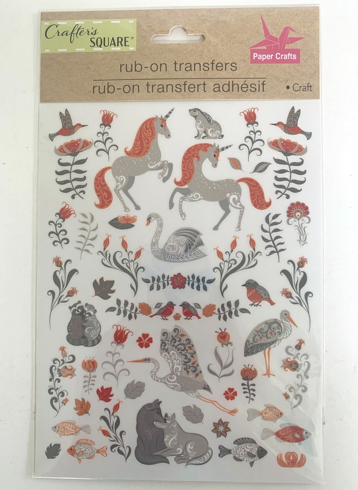 Crafter’s Square Rub-on Transfers UNICORNS SWAN FLOWERS RACCOONS CRANE