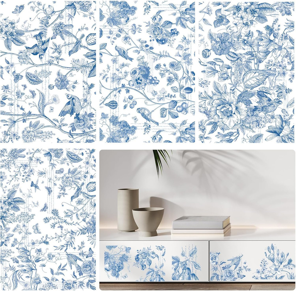 Vintage Rub on Transfers for Crafts – 4 Sheets Large Blue Flower Furniture Trans