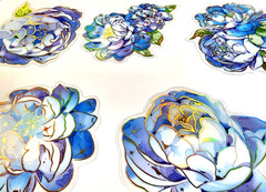 Blue Pink Floral Stickers Gold Foil Clear Acetate Scrapbook Junk Journal 16pc