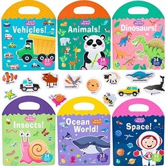 6 Pack Reusable Sticker Activity Books for Toddlers 1-4 Years, Travel Toys, Anim