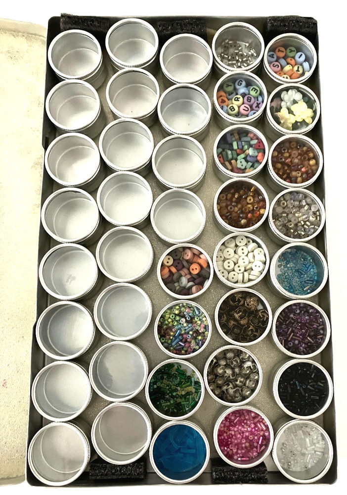 #3 – METAL CASE w/ 40 CONTAINERS – SCRAPBOOKING EMBELLISHMENTS -BEADS, BUTTONS++