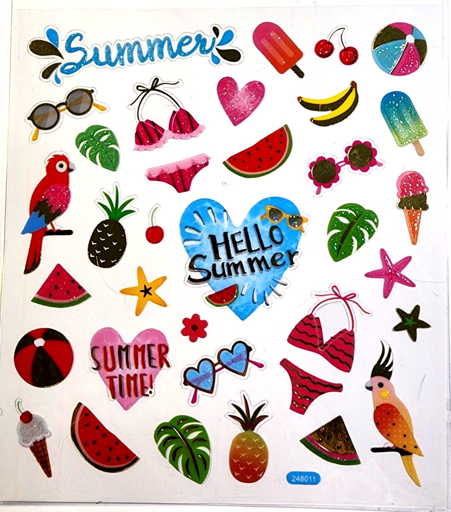 Hello Summer Tropical Parrots Bathing Suit Sunglasses Glitter Accent PS Sticker