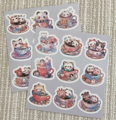 18 Cute Baby Animals in Teacups Stickers, Kawaii 1.6” Watercolor Decals