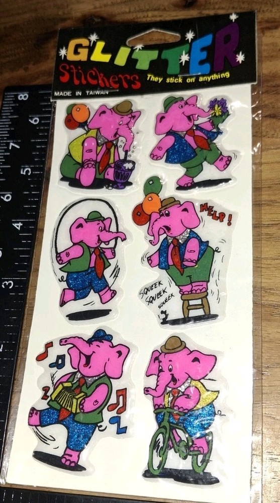 vintage Stickers,puffy Glitter Pink Elephants,code20-1