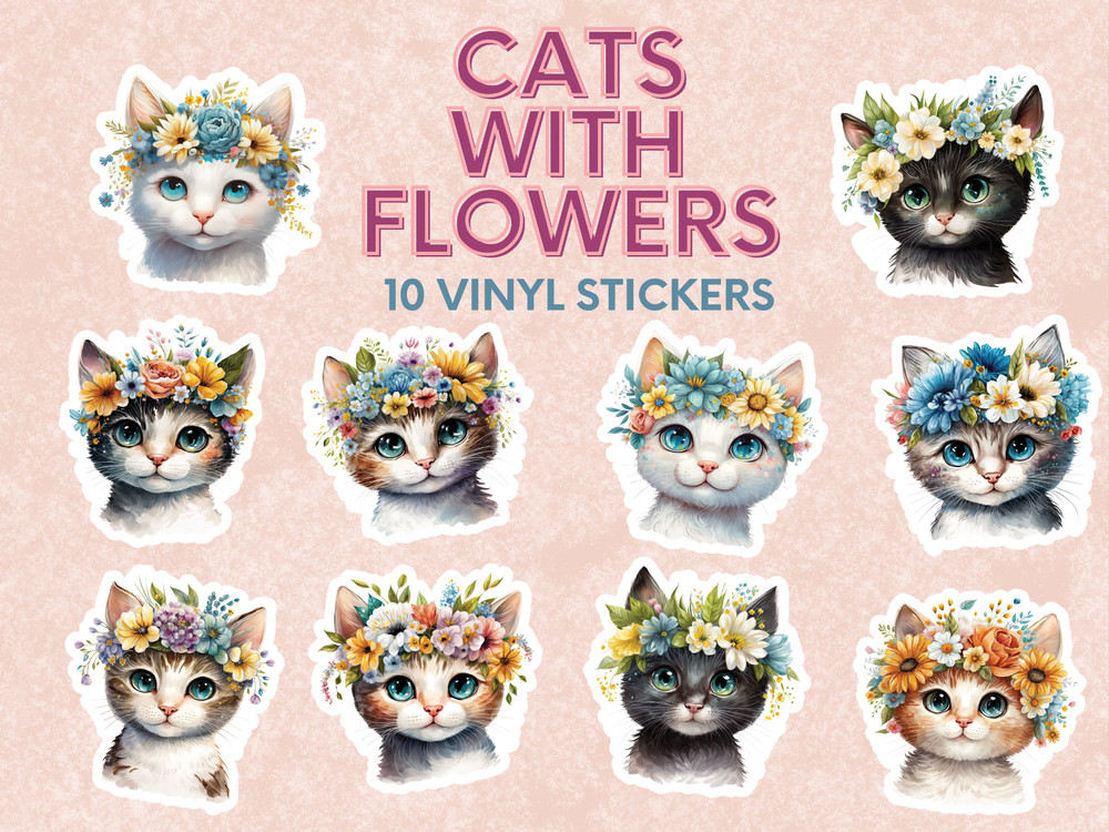 Cute Cat Stickers / Kitten Stickers / Cat Lovers / Cats with Flowers – 10 pcs