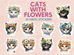 Cute Cat Stickers / Kitten Stickers / Cat Lovers / Cats with Flowers – 10 pcs