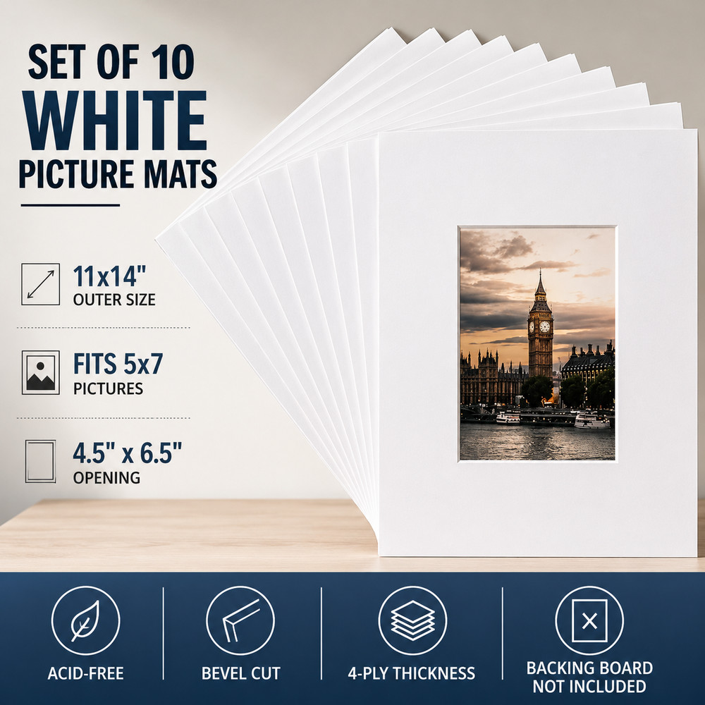 10 Pack Acid Free 11X14 White Picture Frame Mats with White Core Bevel Cut