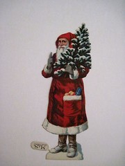 Antique Victorian Vintage Die-Cut Santa Scrap Carrying Christmas Tree w/Oranges*