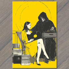 STICKER Grim Reaper Woman Vinyl Record Player Yellow Black Retro Surreal Art